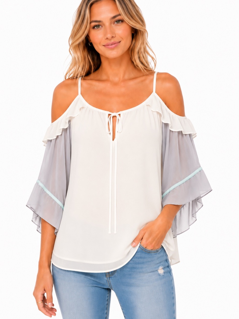 Lauren Conrad XL Cold Shoulder Chiffon Blouse Ivory Gray Ruffle Boho Romantic